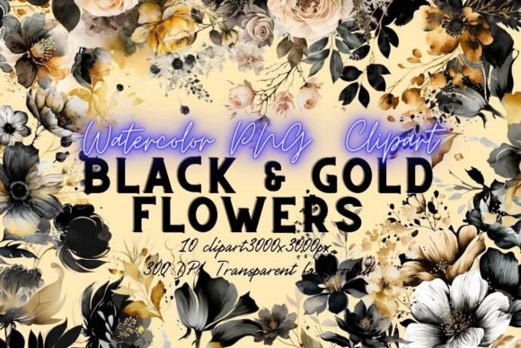 Black White and Gold Flowers Watercolor