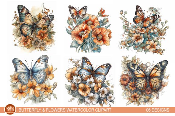 Butterfly and Flowers Watercolor Clipart for Editorial and Web Design Use