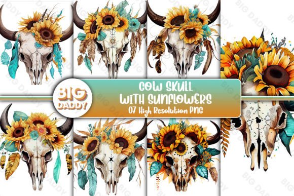 Cow Skull with Sunflowers Watercolor Illustration for Digital Sellers