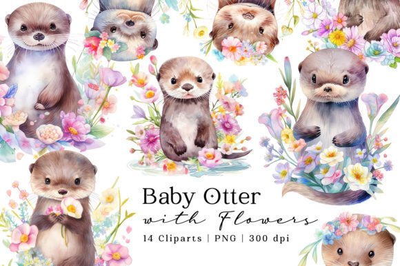 Cute Baby Otter with Flowers Watercolor Illustrations for Local Brand Charm