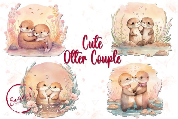Cute Otter Couple Clipart Watercolor for Blog Illustrations