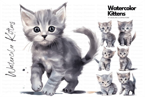 Cute Watercolor Gray Kittens Baby Cats Illustrations for Soft, Approachable Design Projects