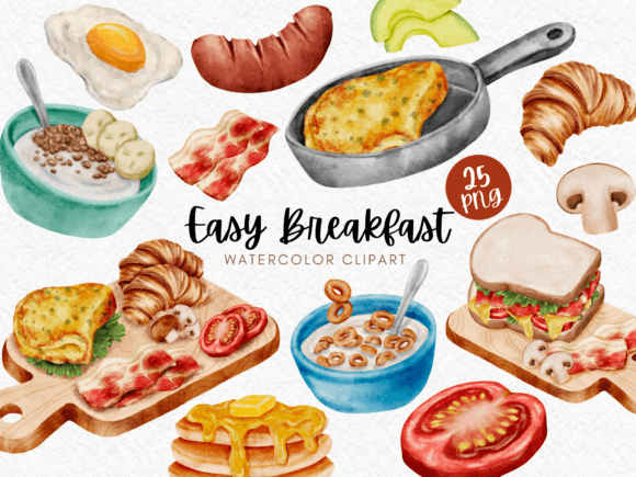 Easy Breakfast Watercolor Clipart for Illustrations & Digital Product Sellers