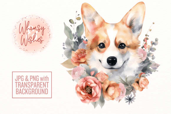 Floral Corgi Dog Watercolor Illustration for Crafting & Handmade Business Use