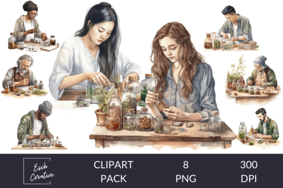 Herbalist Crafting Watercolor Clipart: A Fresh Visual Asset for Lifestyle & Wellness Branding