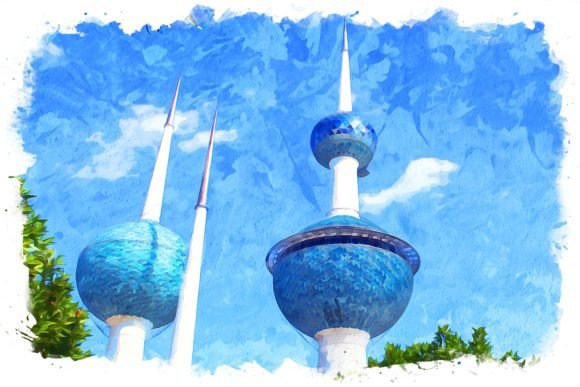 Kuwait Towers View Watercolor Illustrations for Editorial and Web Design Use