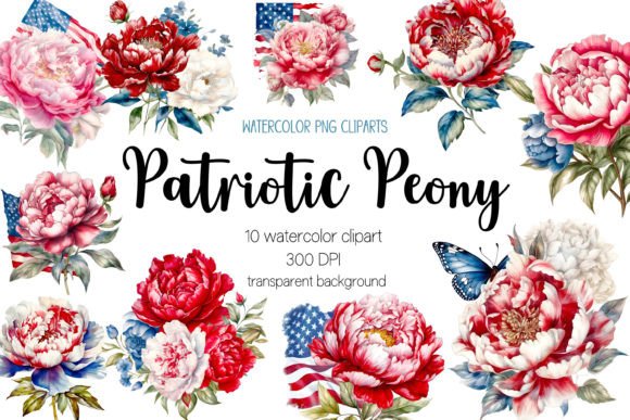 Patriotic Peony Watercolor Clipart PNG for Branding and Creative Projects