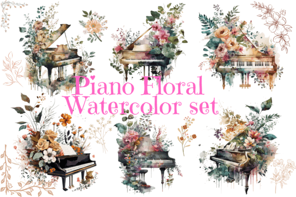 Piano Floral Watercolor Clipart for Crafters & Etsy Sellers