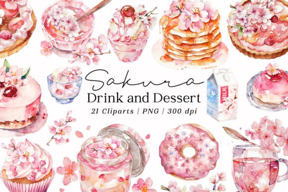 Spring Sakura Drink Dessert Watercolor Illustrations