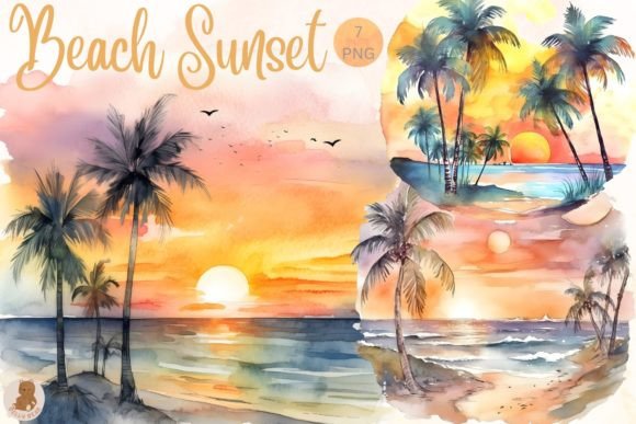 Sublimation Watercolor Beach Sunset Illustrations for Content Publishers