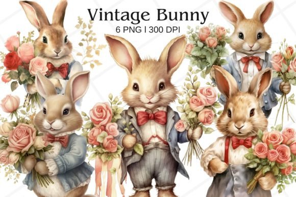Vintage Bunny Watercolor Clipart for Etsy & Print-on-Demand Sellers