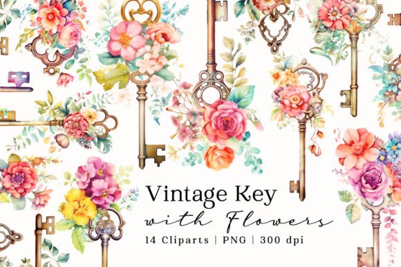 Vintage Key Flowers Watercolor Clipart for Local Branding & Packaging