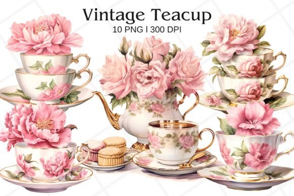 Vintage Teacup Floral Watercolor Clipart for Crafting & Handmade Business Use