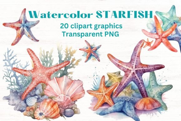 Watercolor Ocean Starfish Clipart X20 for Real Crafting & Handmade Business Use