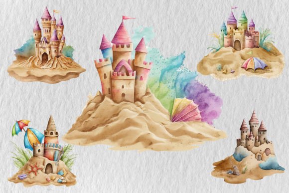 Watercolor Sand Castle: A Coastal Charm for Embroidery Projects