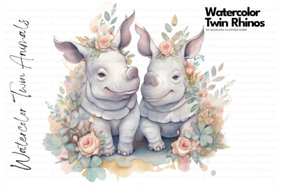 Watercolor Twin Rhinos with Flowers Illustrations for Crafters & Handmade Sellers